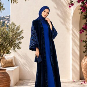 عباية مخمل ياباني أزرق محيطي متدرج، أكمام بنقشة شرقية مطرزة مع شريط عند الكاحل