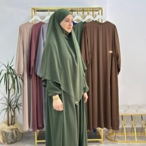 طقم فراجة وعباية سوفلي، فستان بتصميم روب، مناسب للحج والعمرة، لون أخضر